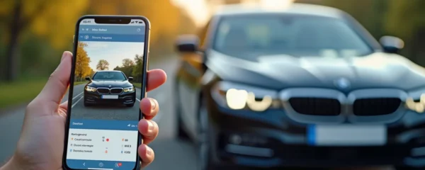 Vue conceptuelle d'une application mobile affichant un état des lieux digitalisé pour voiture de location