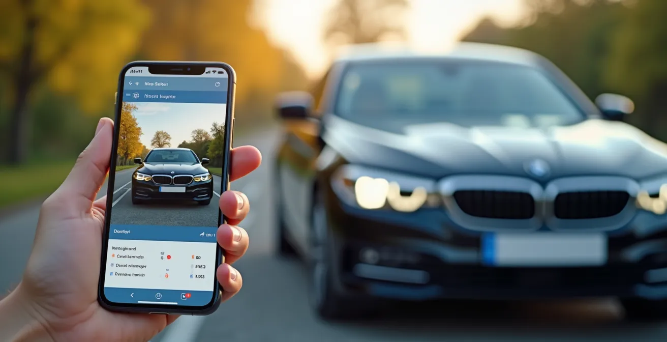 Vue conceptuelle d'une application mobile affichant un état des lieux digitalisé pour voiture de location