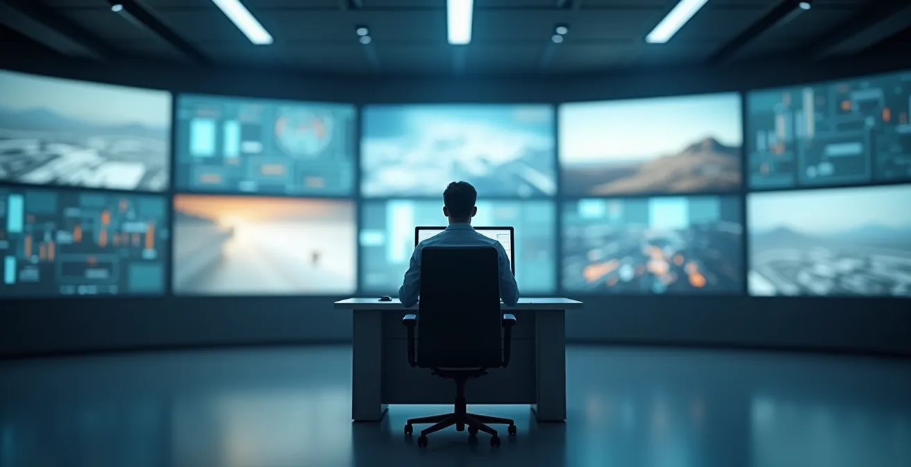 Espace de contrôle épuré avec éléments de supervision en arrière-plan