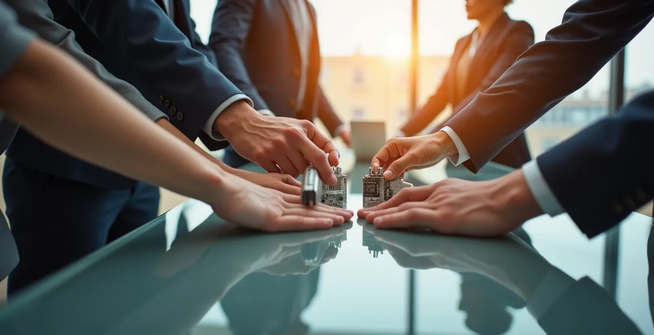 Mains collaborant autour d'éléments technologiques symbolisant le partenariat MSP