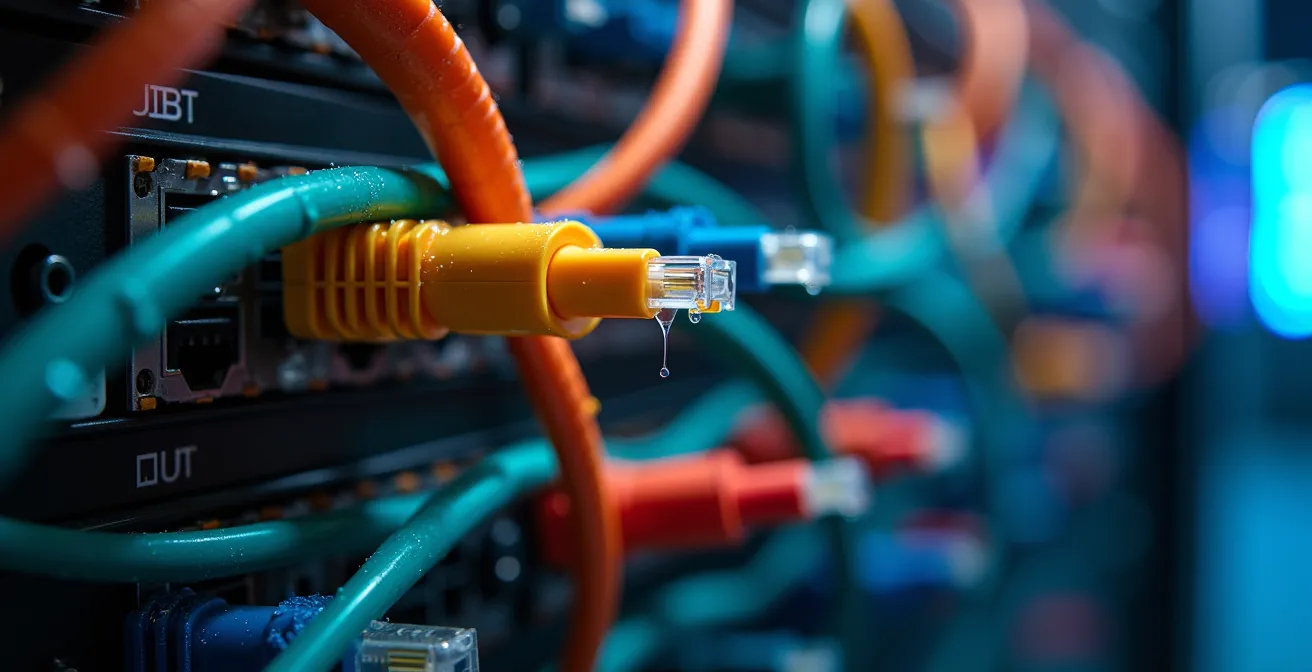 Gros plan sur des câbles réseau enchevêtrés représentant la complexité des architectures distribuées