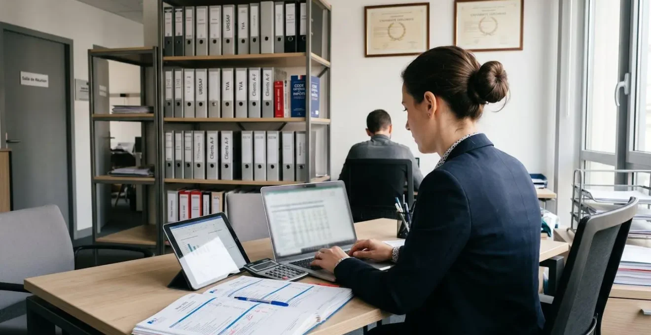 Bureau d'expert-comptable avec personne travaillant sur ordinateur portable et documents comptables, environnement professionnel avec bibliothèque de classeurs et diplômes, lumière naturelle