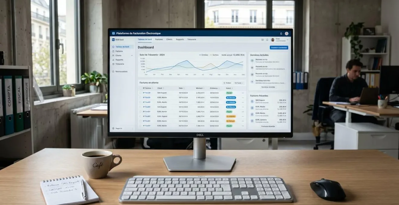 Écran d'ordinateur affichant interface de plateforme de facturation électronique avec tableaux de bord et liste de factures, clavier moderne au premier plan, bureau contemporain en arrière-plan