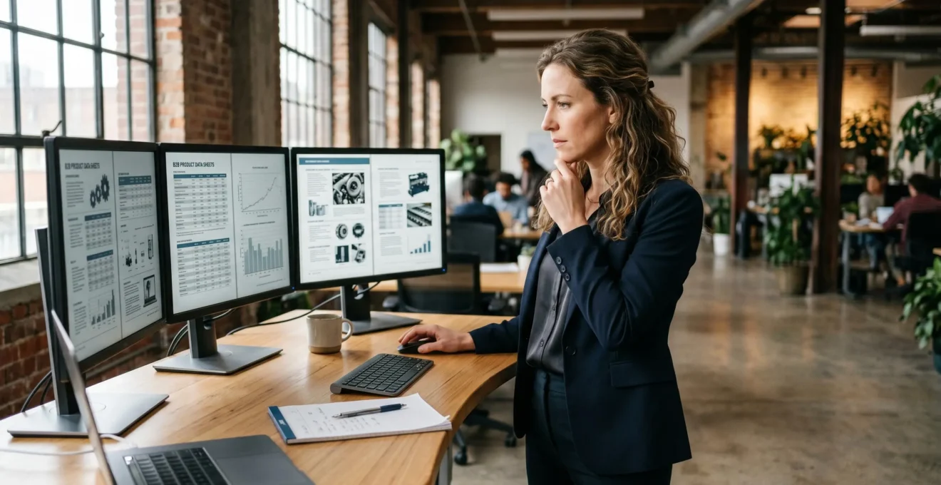 Responsable marketing B2B consultant des fiches produits sur plusieurs écrans dans un open space industriel
