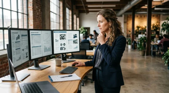 Responsable marketing B2B consultant des fiches produits sur plusieurs écrans dans un open space industriel