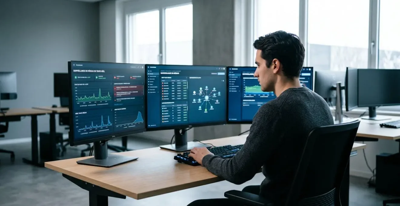 Analyste cybersécurité travaillant sur trois écrans affichant des tableaux de bord de surveillance réseau en temps réel dans un centre opérationnel de sécurité moderne