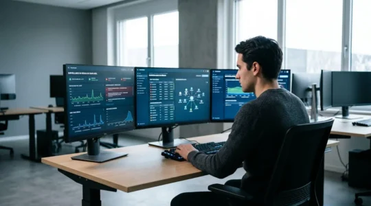 Analyste cybersécurité travaillant sur trois écrans affichant des tableaux de bord de surveillance réseau en temps réel dans un centre opérationnel de sécurité moderne