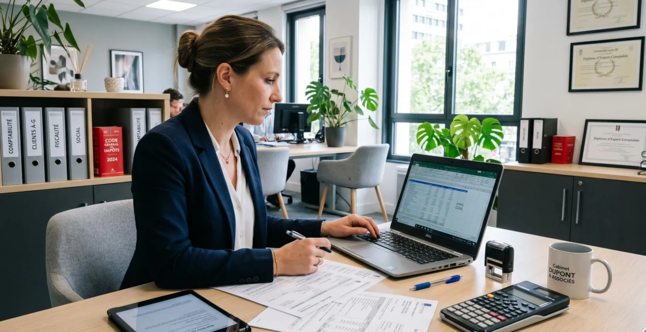 Bureau d'expert-comptable avec personne travaillant sur ordinateur portable et documents comptables, environnement professionnel avec bibliothèque de classeurs et diplômes, lumière naturelle