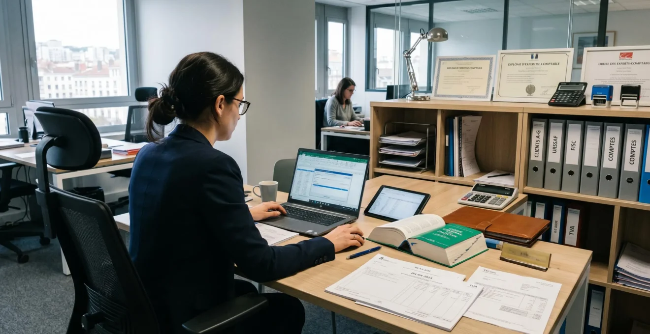 Bureau d'expert-comptable avec personne travaillant sur ordinateur portable et documents comptables, environnement professionnel avec bibliothèque de classeurs et diplômes, lumière naturelle