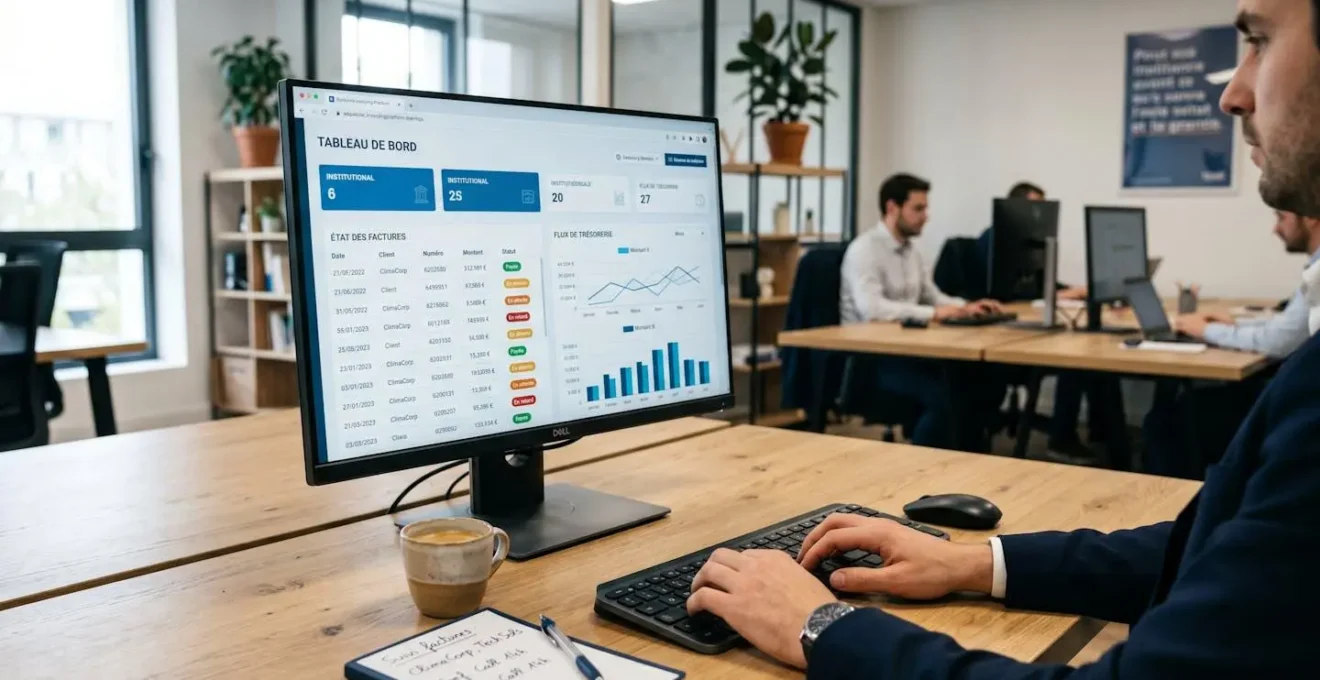 Écran d'ordinateur affichant interface de plateforme de facturation électronique avec tableaux de bord et liste de factures, clavier moderne au premier plan, bureau contemporain en arrière-plan