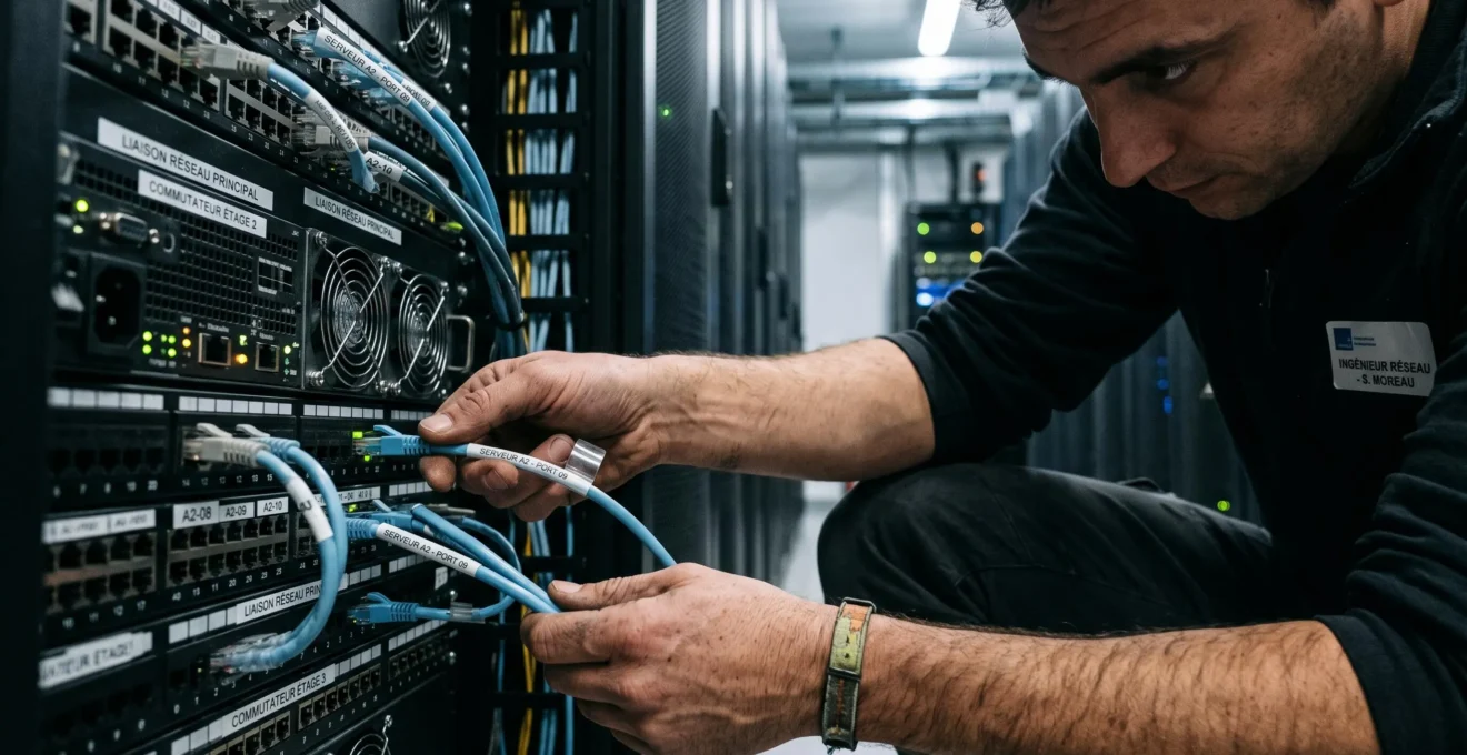 Mains d'un ingénieur connectant des câbles réseau étiquetés dans une baie de serveurs.