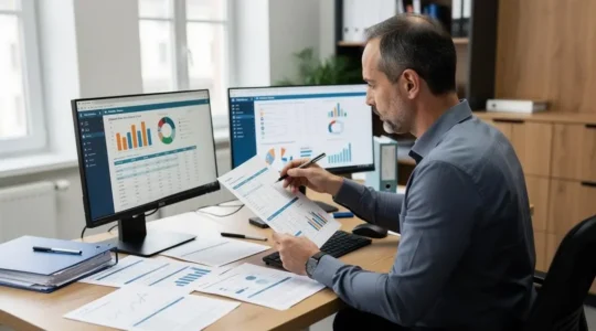 Responsable financier debout analysant des tableaux de bord de suivi des paiements clients dans un bureau de PME française