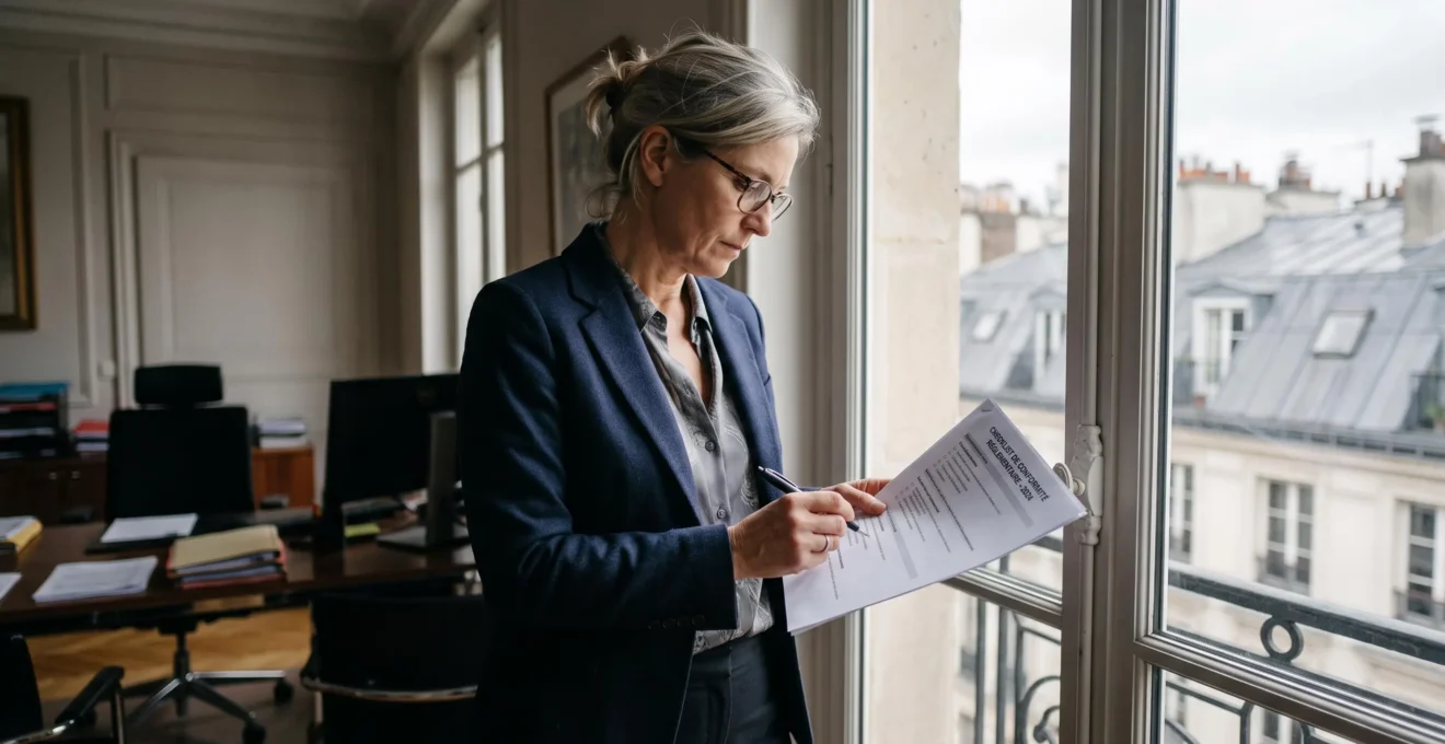 Une responsable conformité annote une liste de contrôle réglementaire près d'une fenêtre au daylight.